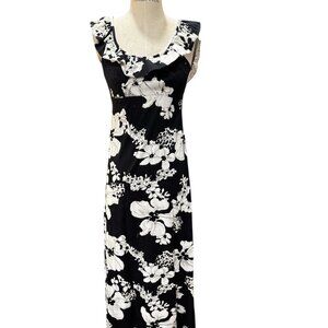Vintage Hilo Hattie Hawaiian Maxi Dress Black White Floral Ruffle Hem Tropical